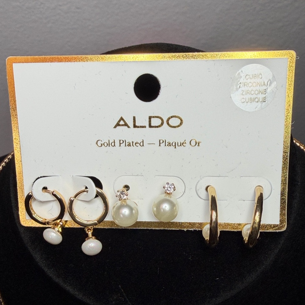 ALDO Gold Plated Earring Set with Pearl and Crystal Accents 3‎ pair